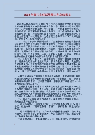 2017年部门主任试用期工作总结范文