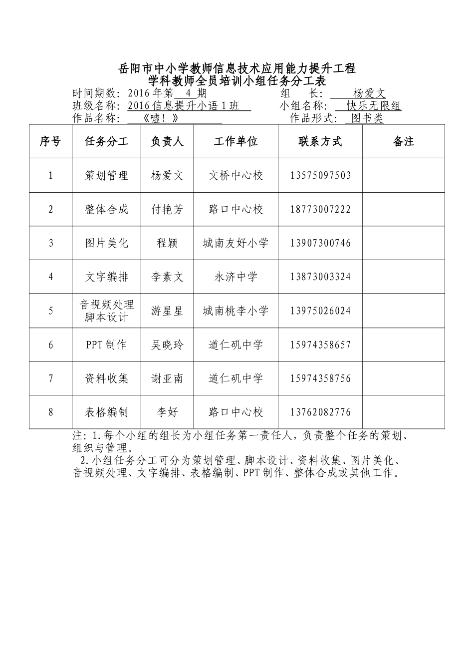 四期一班二组任务分工表_第1页