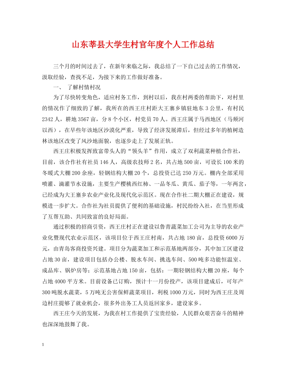 山东莘县大学生村官年度个人工作总结 _第1页