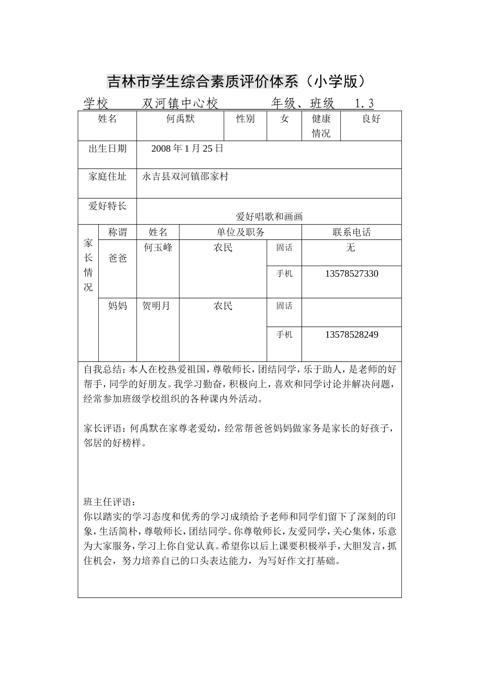何禹默小学综合素质评价体系_第1页