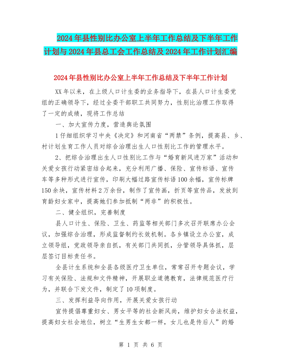 2024年县性别比办公室上半年工作总结及下半年工作计划与2024年县总工会工作总结及2024年工作计划汇编_第1页