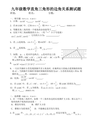 北师大版九年级数学直角三角形的边角关系测试题