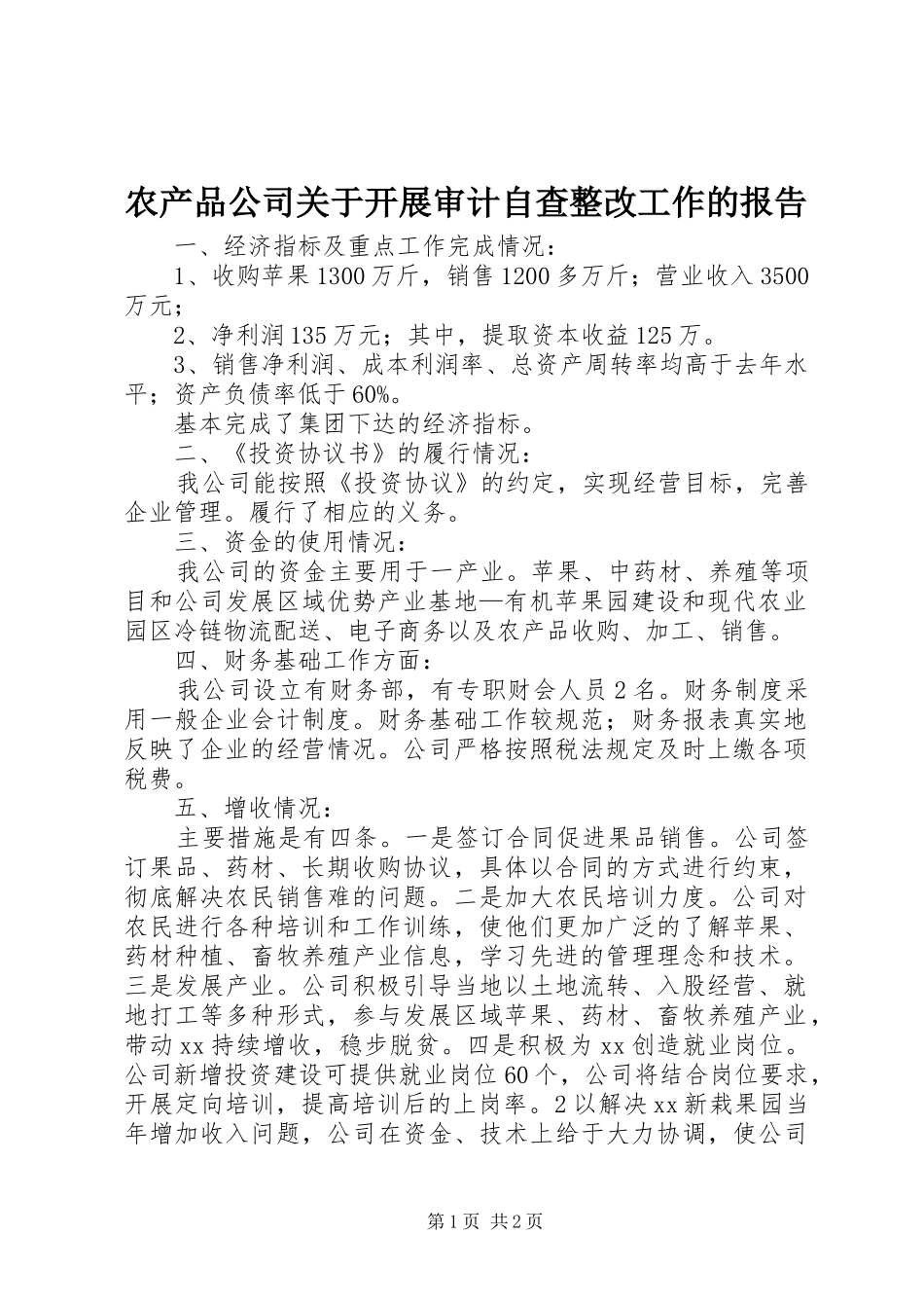 农产品公司关于开展审计自查整改工作的报告_第1页