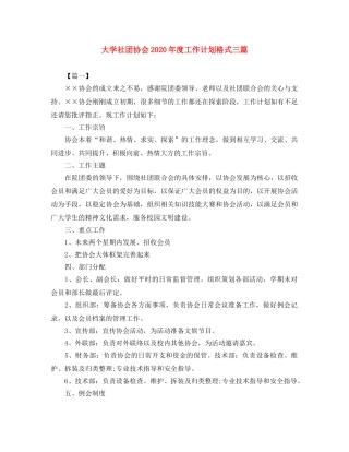 大学社团协会2020年度工作计划格式三篇 