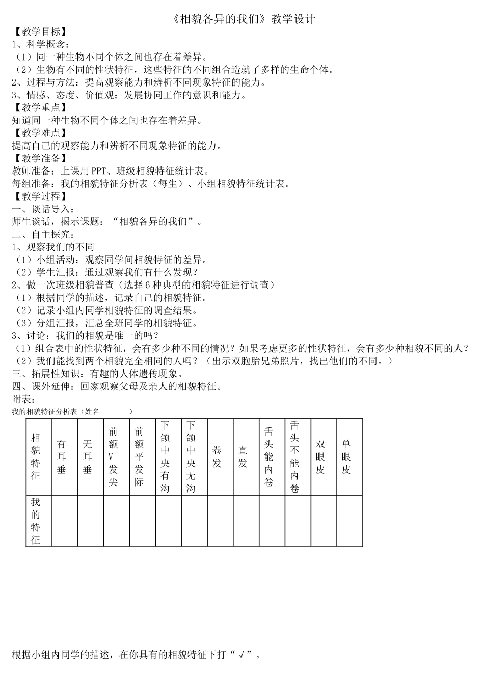 《相貌各异的我们》教学设计_第1页