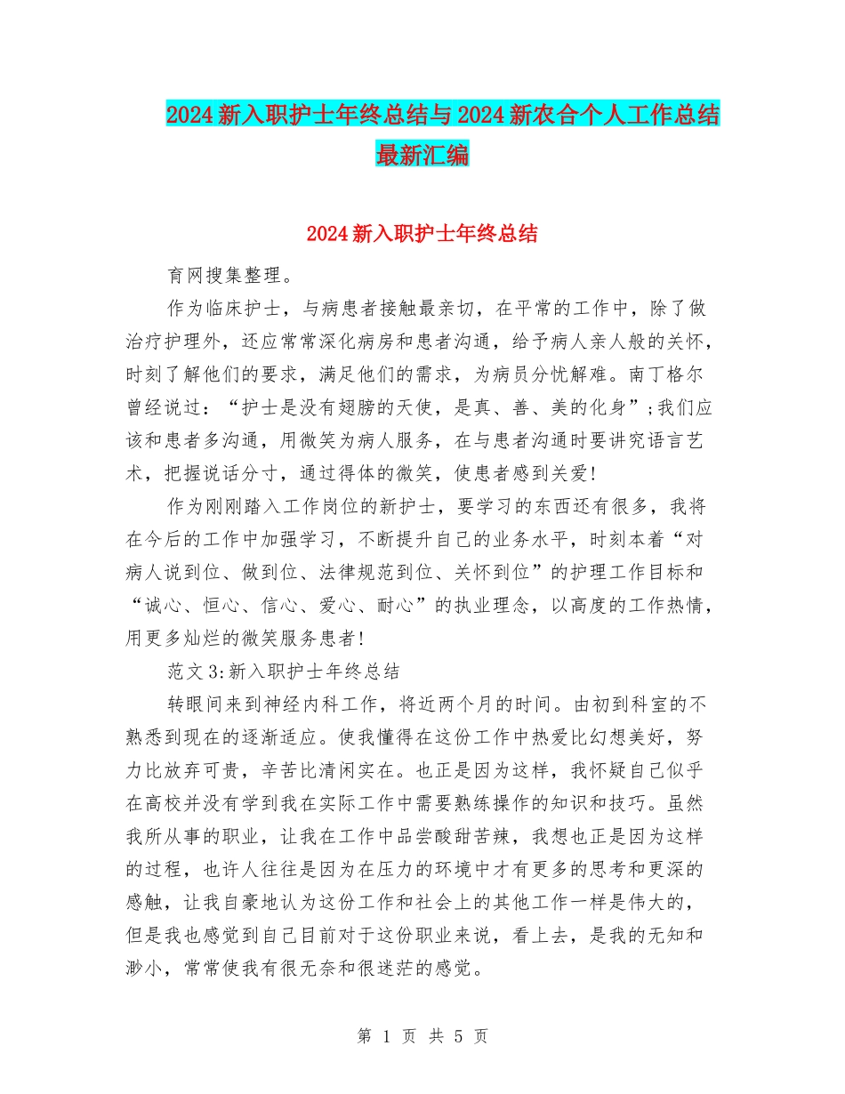 2024新入职护士年终总结与2024新农合个人工作总结最新汇编_第1页
