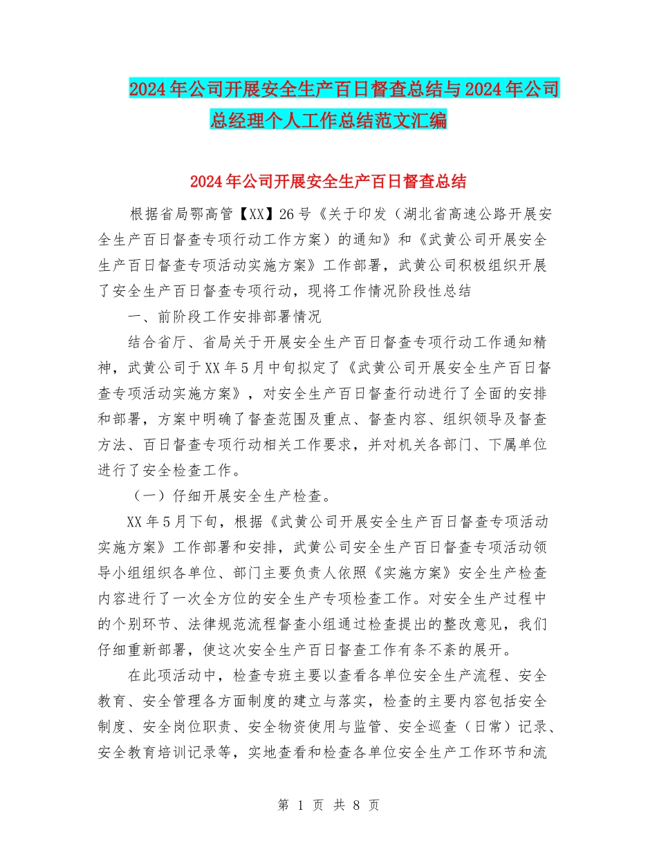 2024年公司开展安全生产百日督查总结与2024年公司总经理个人工作总结范文汇编_第1页