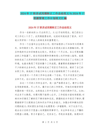 2024年IT职员试用期转正工作总结范文与2024年IT资源管理工作计划范文汇编