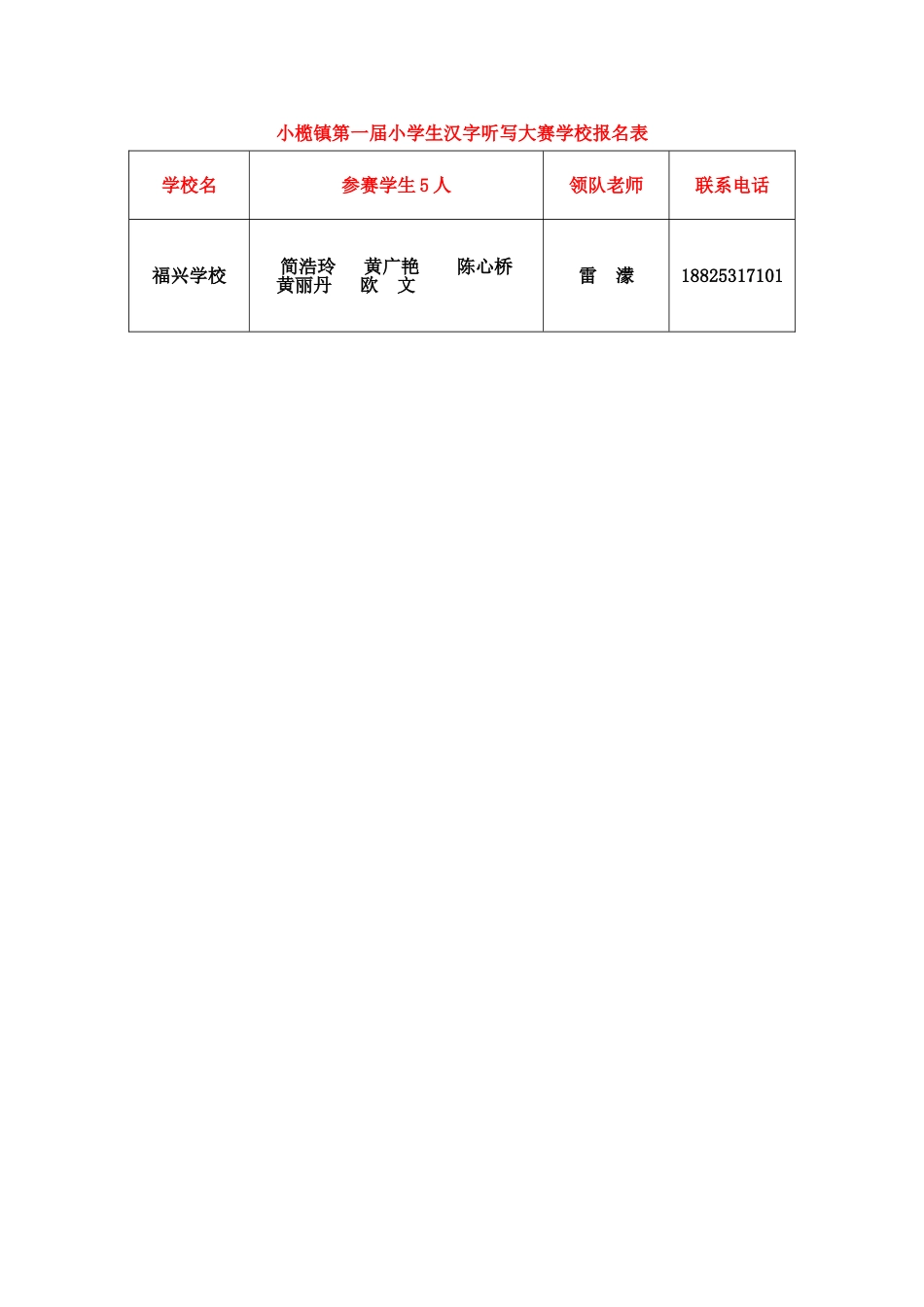小榄镇第一届小学生汉字听写大赛福兴学校报名表_第1页