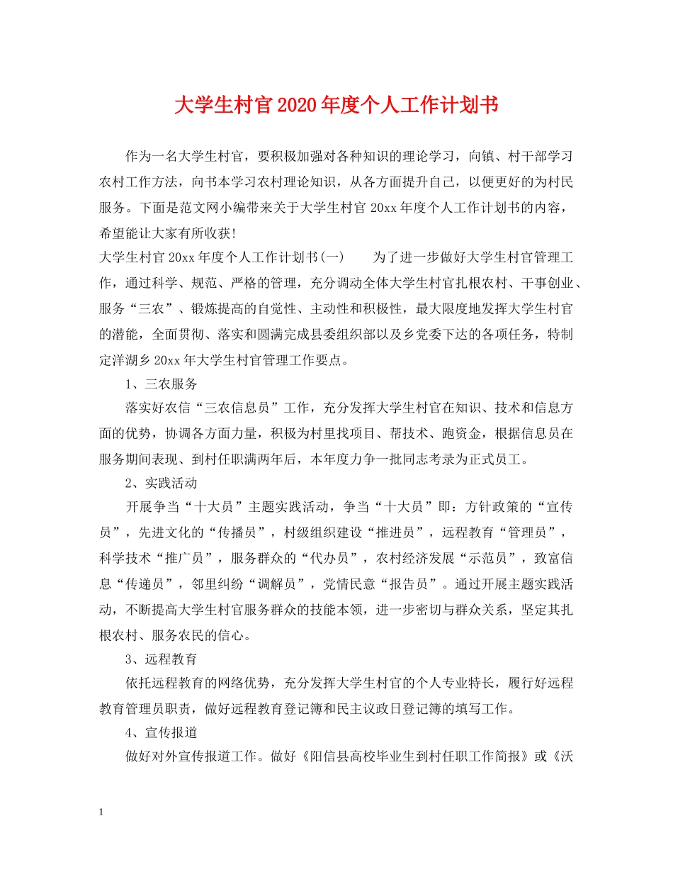 大学生村官2020年度个人工作计划书 _第1页