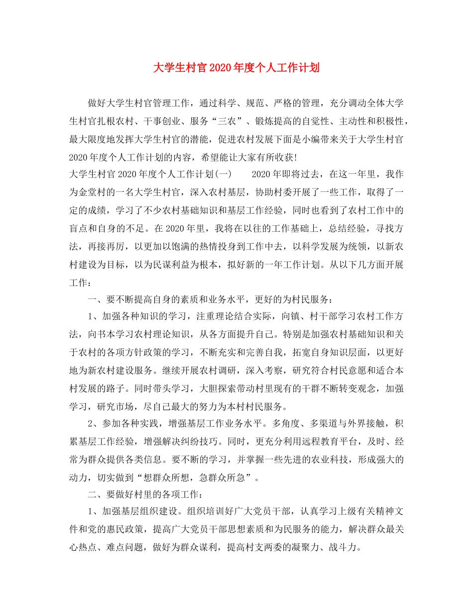 大学生村官2020年度个人工作计划 _第1页