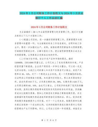 2024年3月公司财务工作计划范文与2024年3月农业银行个人工作总结汇编