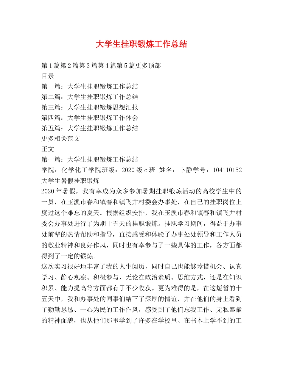 大学生挂职锻炼工作总结2 _第1页