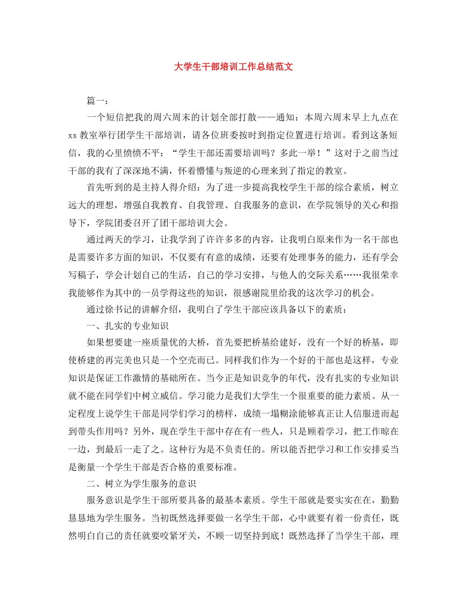 大学生干部培训工作总结范文 _第1页