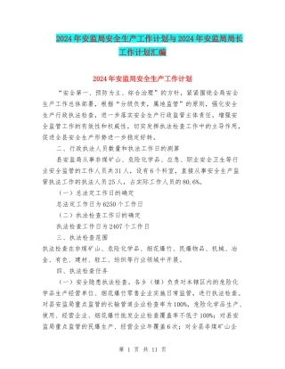 2024年安监局安全生产工作计划与2024年安监局局长工作计划汇编