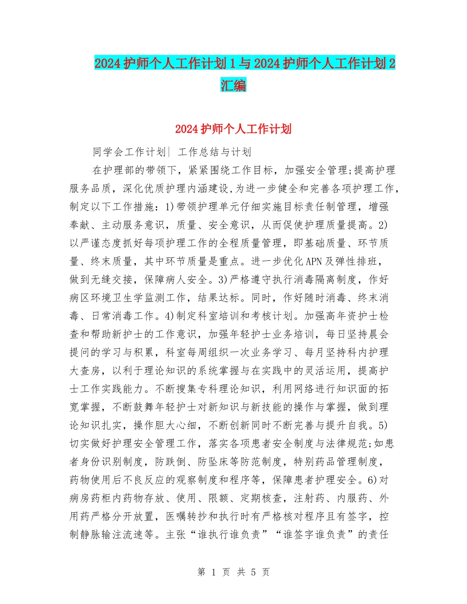 2024护师个人工作计划1与2024护师个人工作计划2汇编_第1页