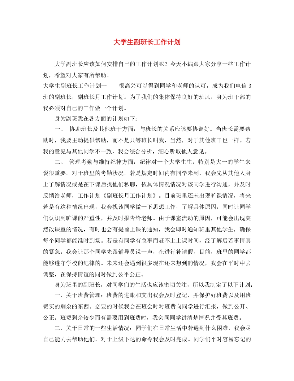 大学生副班长工作计划 _第1页