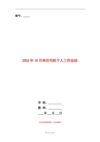 2024年10月单位司机个人工作总结【新版】