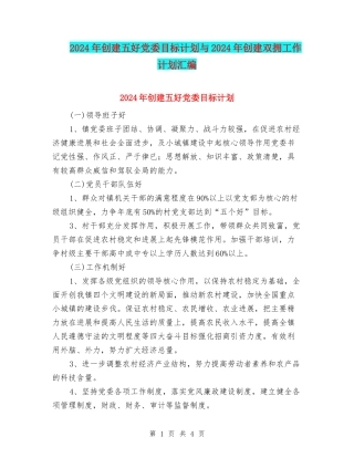 2024年创建五好党委目标计划与2024年创建双拥工作计划汇编