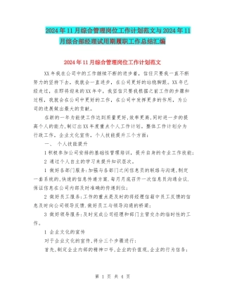 2024年11月综合管理岗位工作计划范文与2024年11月综合部经理试用期履职工作总结汇编