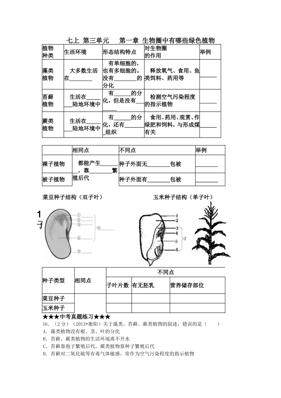 七上第三单元第一章生物圈中有哪些绿色植物_第1页