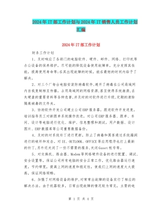 2024年IT部工作计划与2024年IT销售人员工作计划汇编