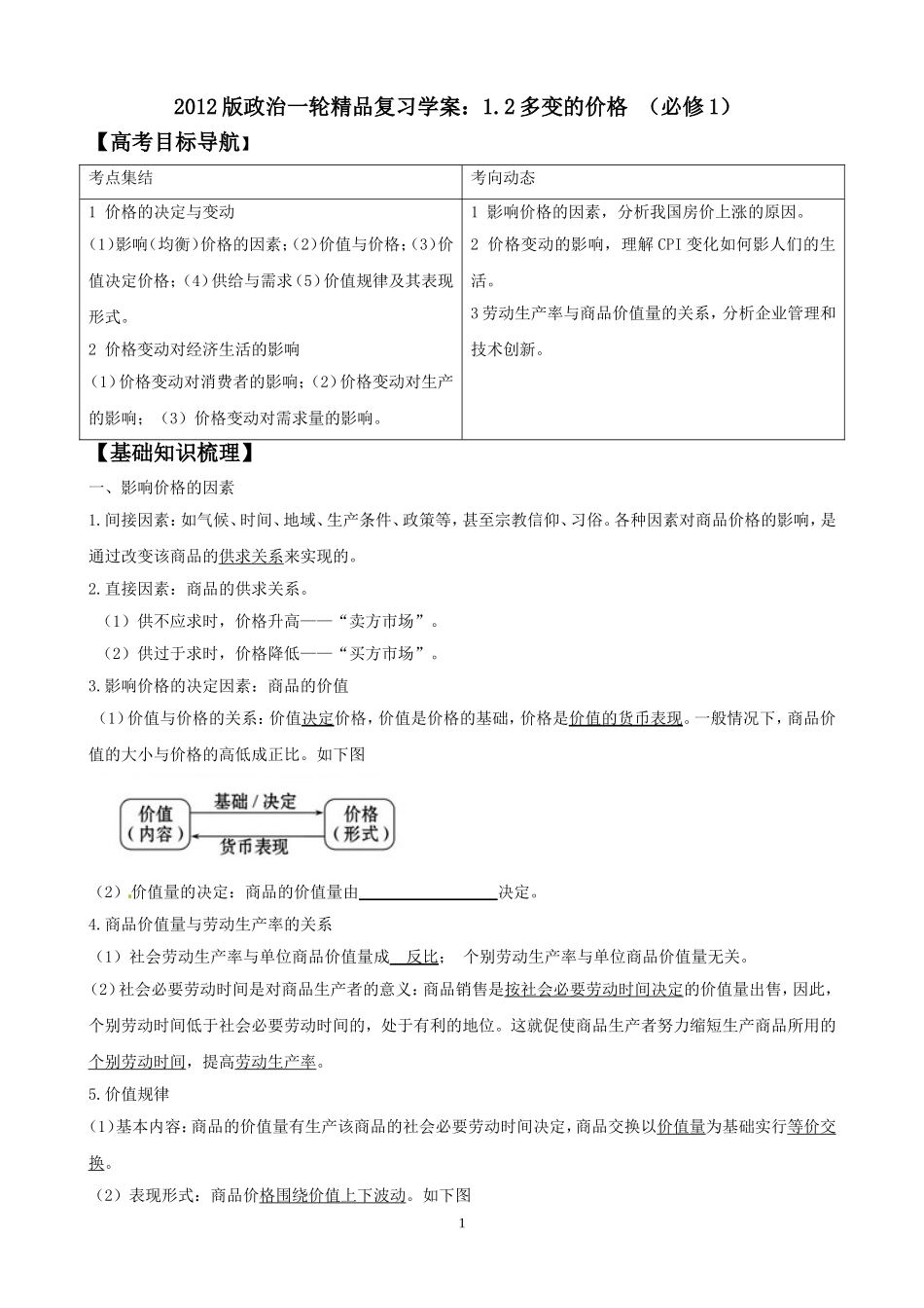 2012版政治一轮精品复习学案：12多变的价格（必修1）_第1页