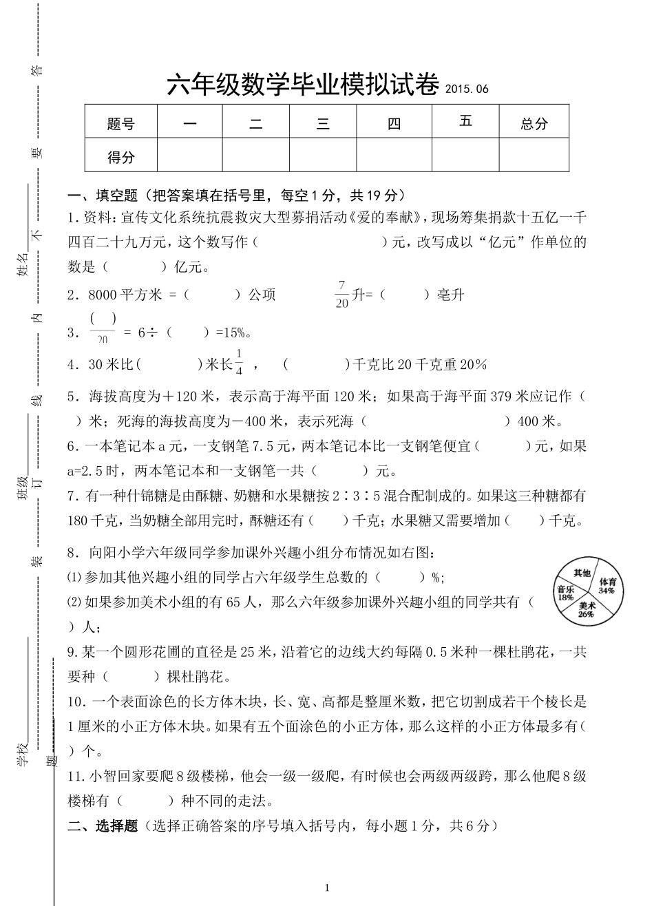 第二次六年级毕业考试数学模拟试卷2015 (2)_第1页