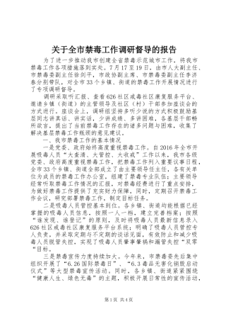关于全市禁毒工作调研督导的报告
