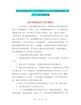 2024年财务会计工作计划范文与2024年财务出纳人员个人工作计划汇编