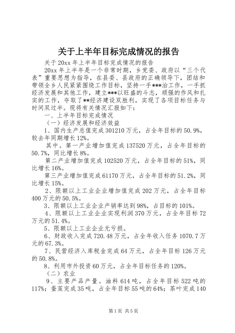 关于上半年目标完成情况的报告_第1页