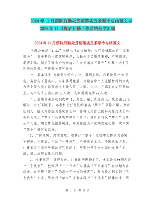 2024年11月消防后勤处贯彻落实五条禁令总结范文与2024年11月煤矿后勤工作总结范文汇编