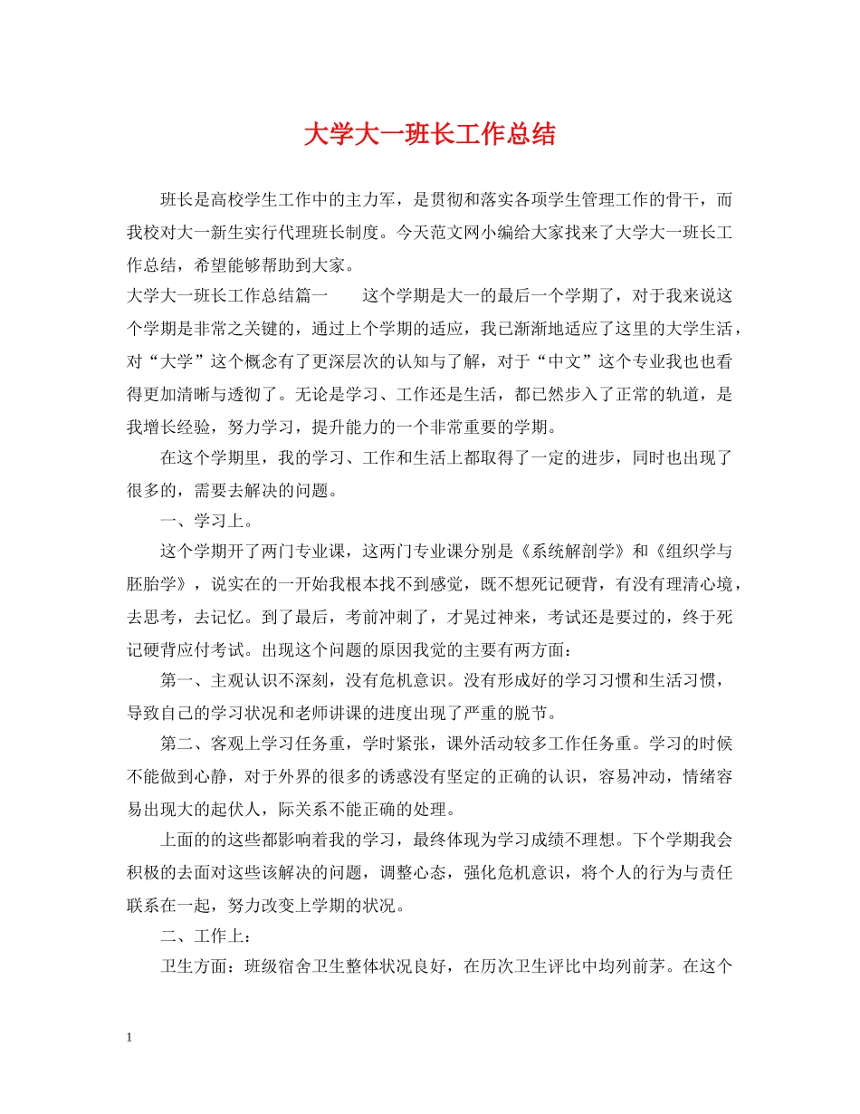 大学大一班长工作总结 _第1页
