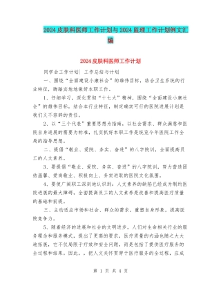 2024皮肤科医师工作计划与2024监理工作计划例文汇编