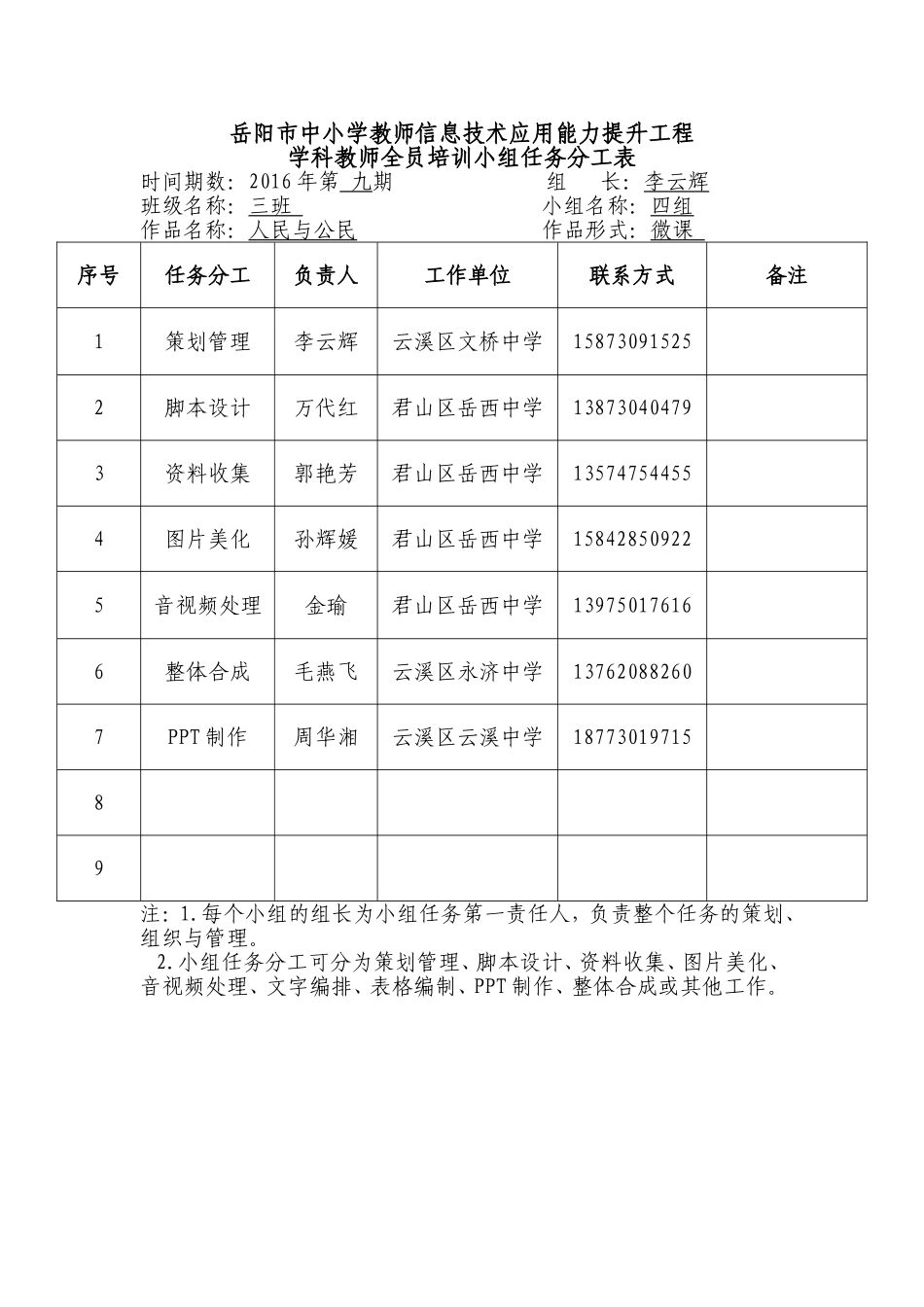 小组任务分工表（九期三班四组）_第1页