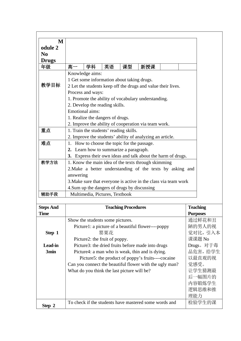外研版英语（高中必修2)Module2NoDrugsreading教学设计_第1页