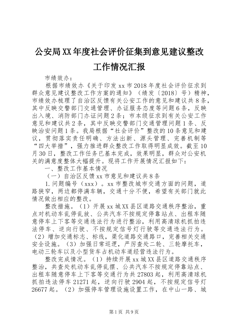 公安局XX年度社会评价征集到意见建议整改工作情况汇报_第1页