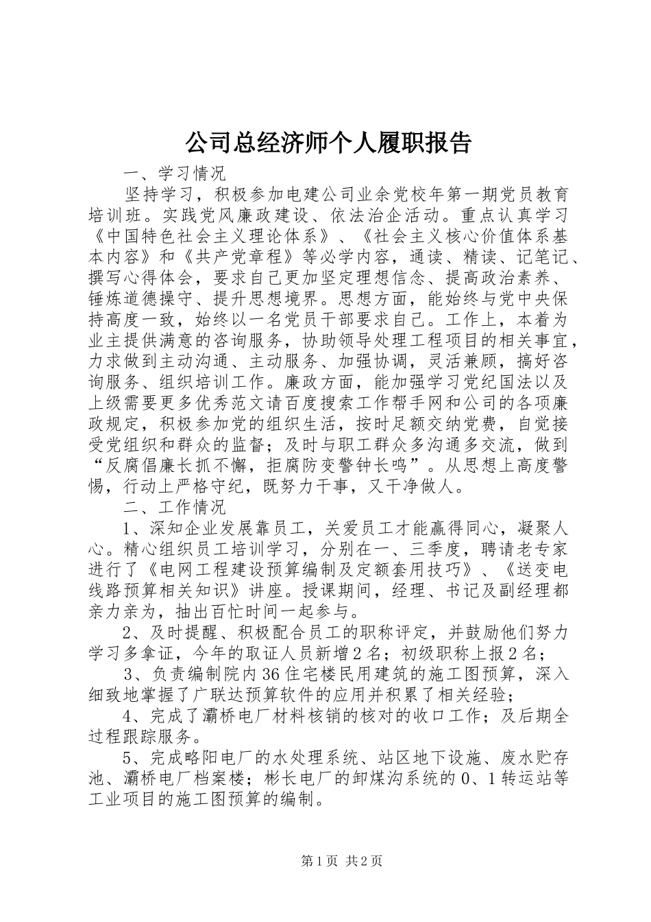 公司总经济师个人履职报告_第1页