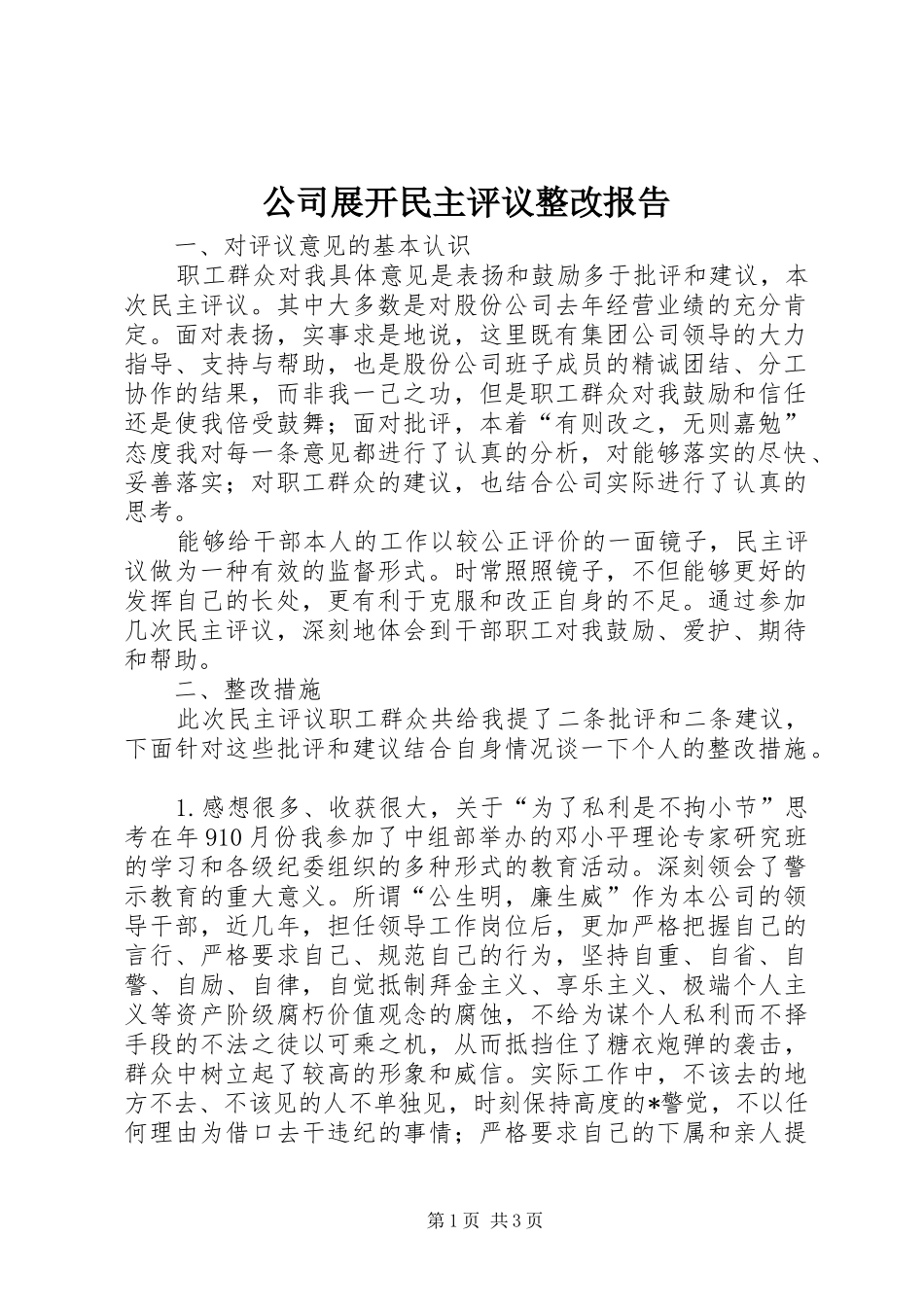 公司展开民主评议整改报告_第1页