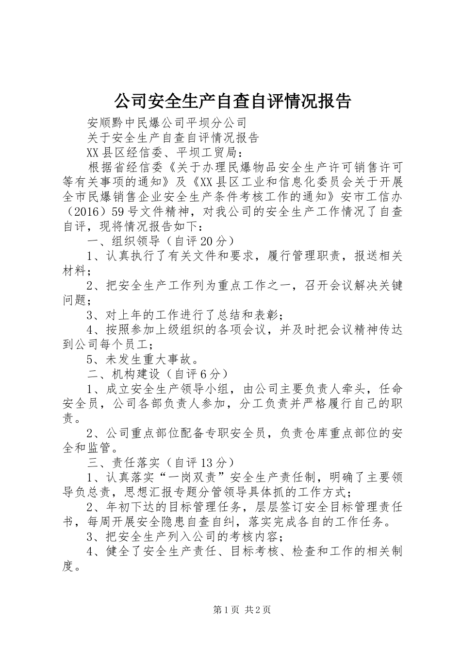 公司安全生产自查自评情况报告_第1页