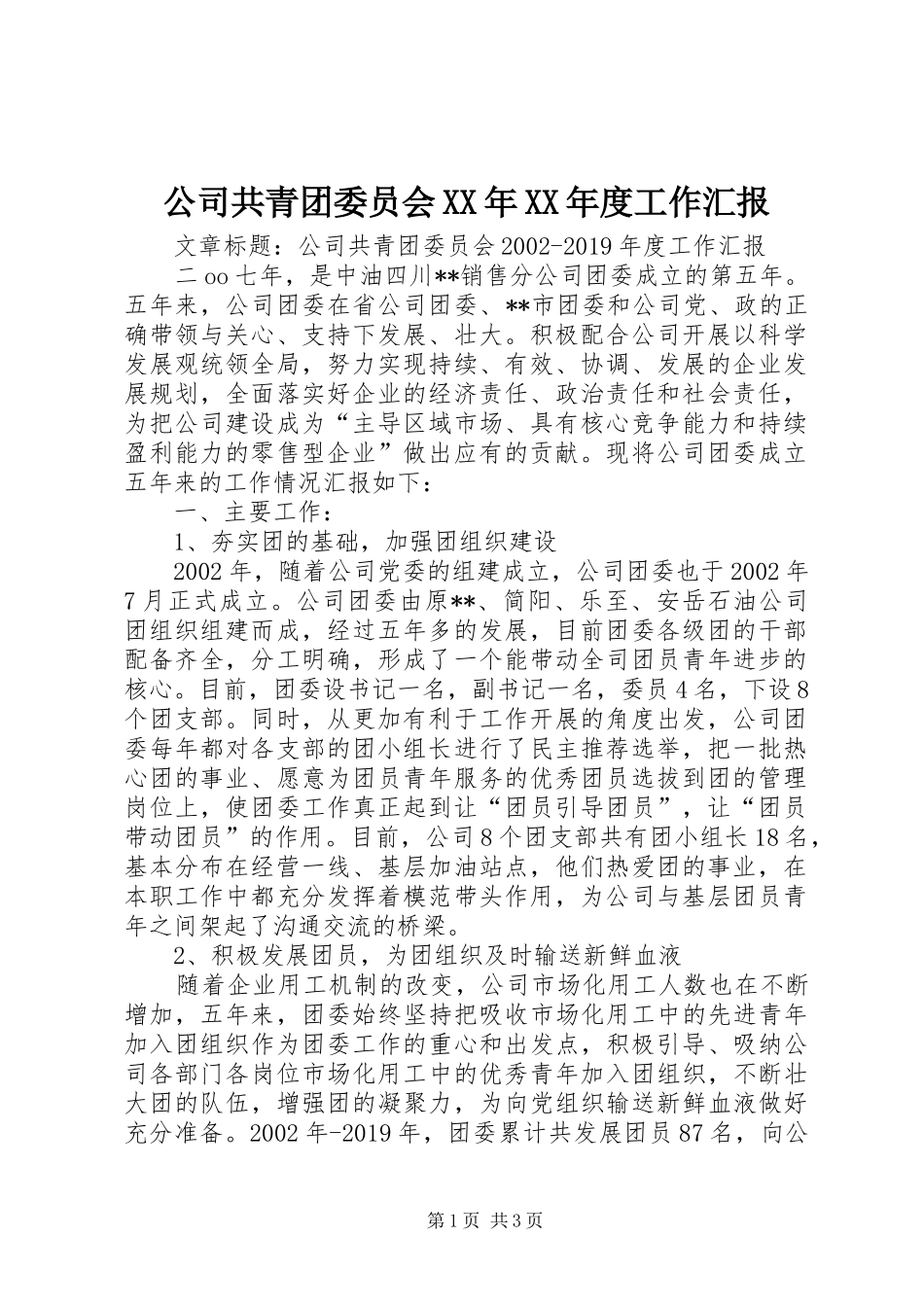 公司共青团委员会XX年XX年度工作汇报_第1页