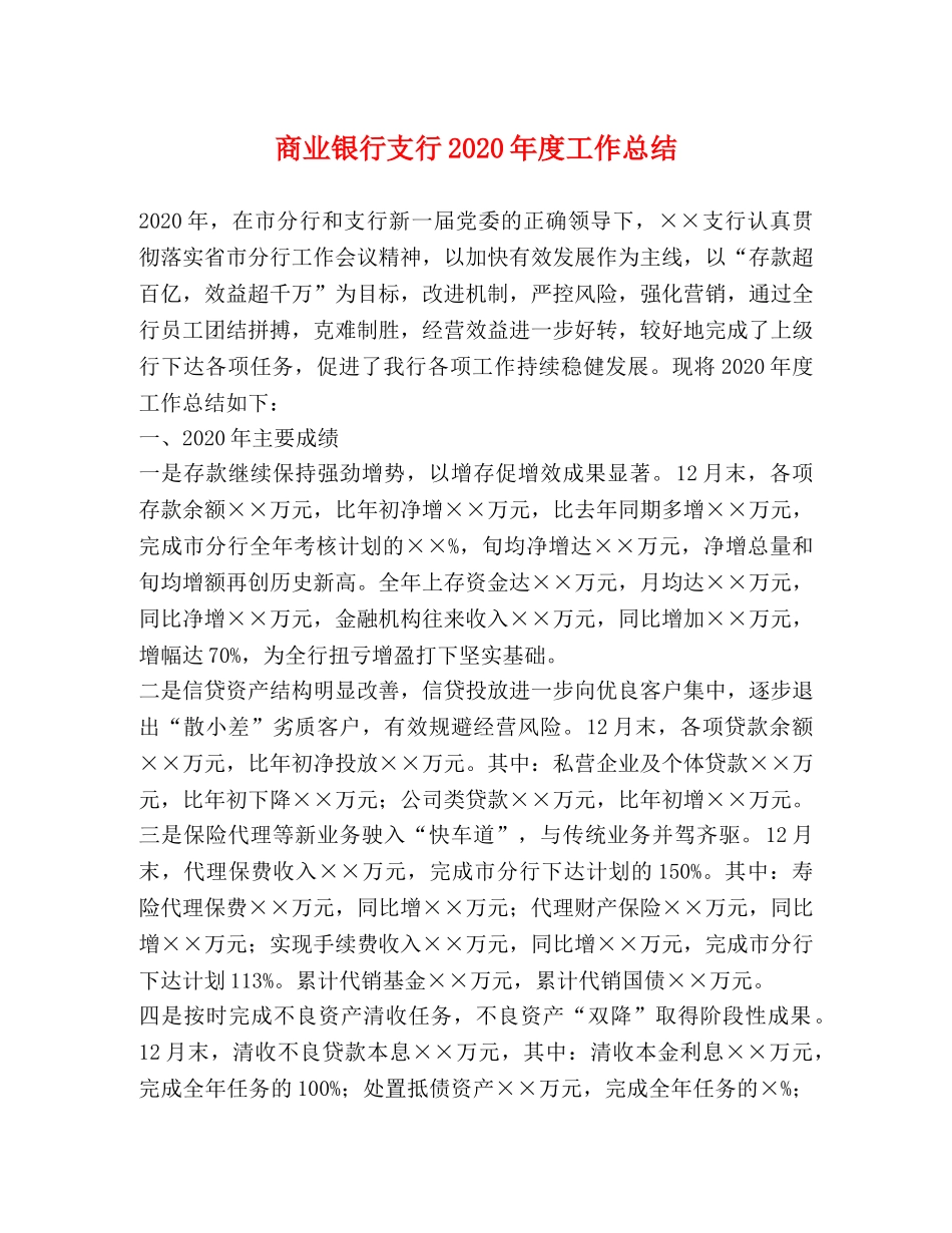 商业银行支行2020年度工作总结(1) _第1页