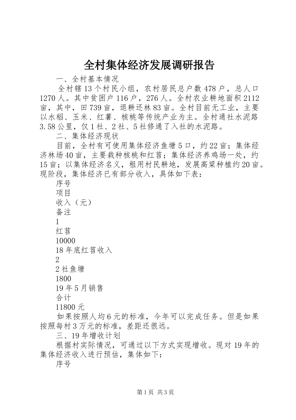 全村集体经济发展调研报告_第1页