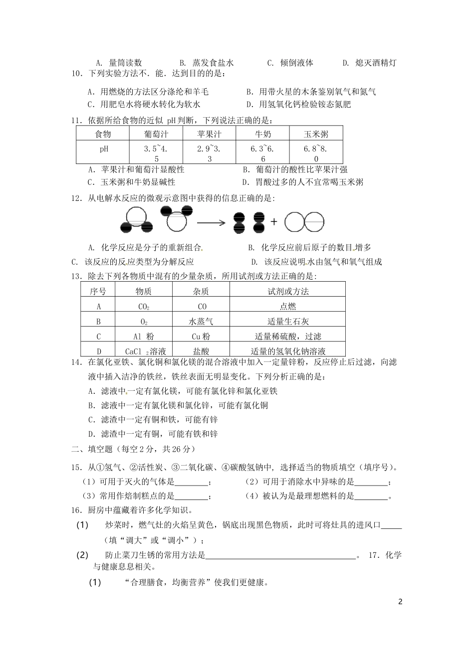 海南省2016年初中毕业生学业水平考试化学试题_第2页