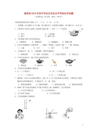 海南省2016年初中毕业生学业水平考试化学试题