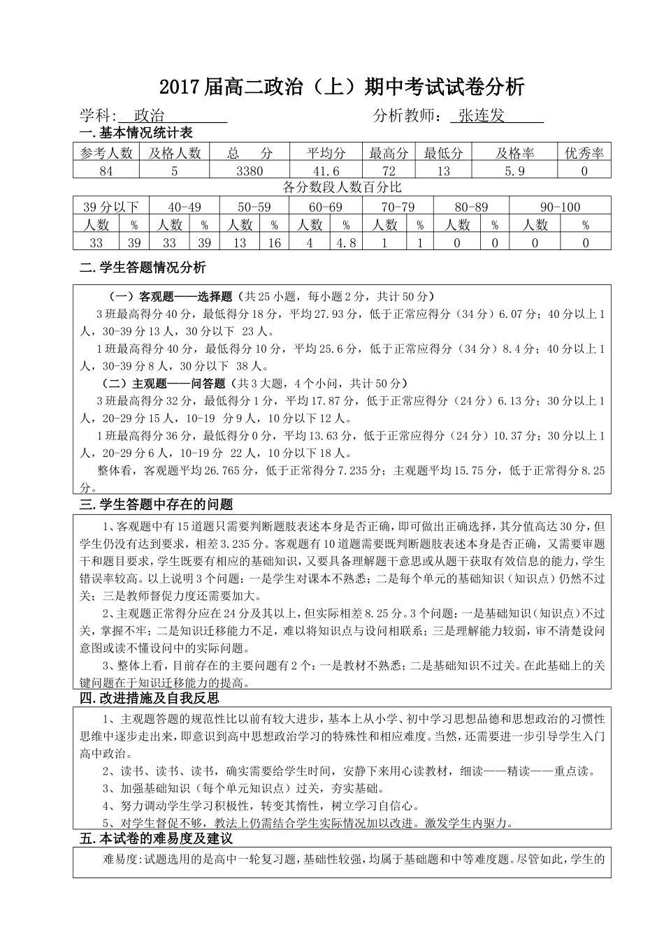 高二2017届上期期中试卷分析政治_第1页