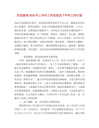 区民政局2020年上半年工作总结及下半年工作计划 