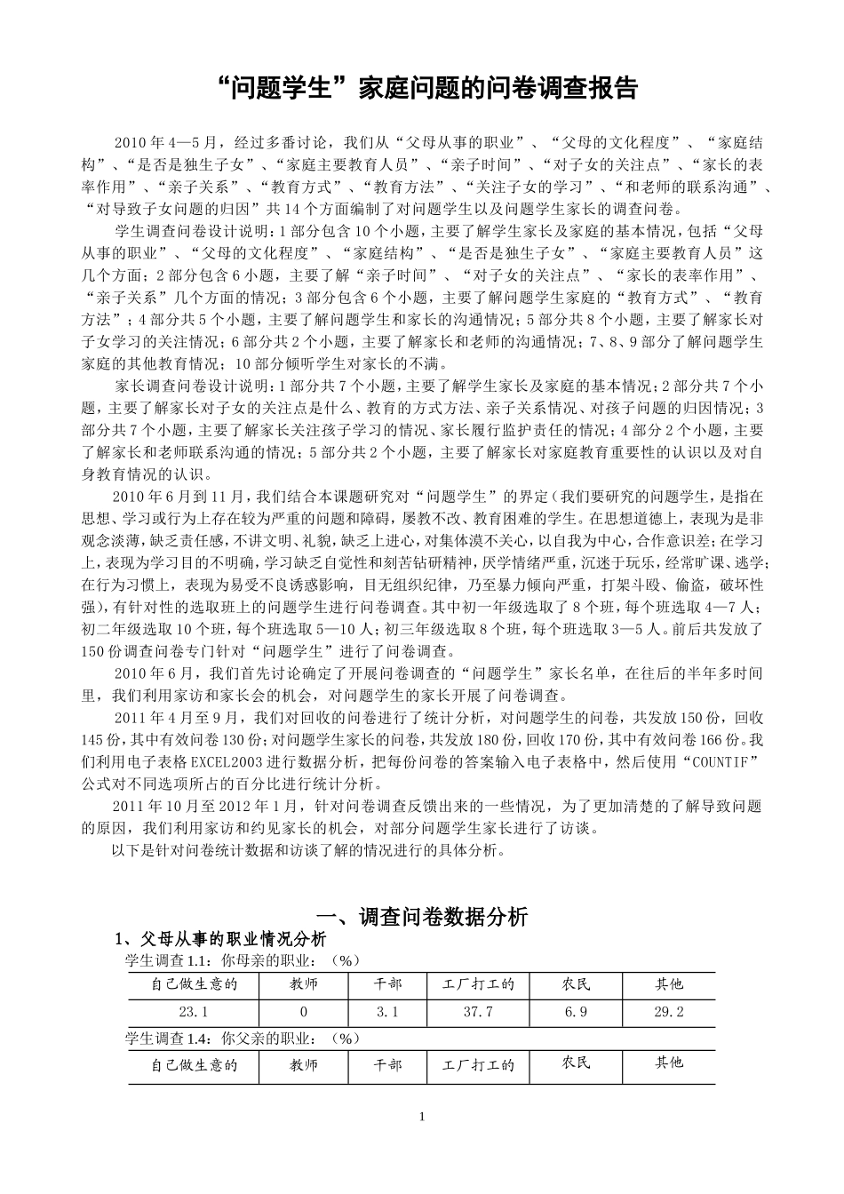 “问题学生”家庭问题的问卷调查报告_第1页