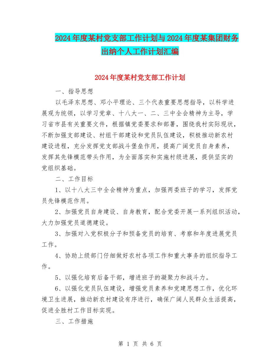 2024年度某村党支部工作计划与2024年度某集团财务出纳个人工作计划汇编_第1页