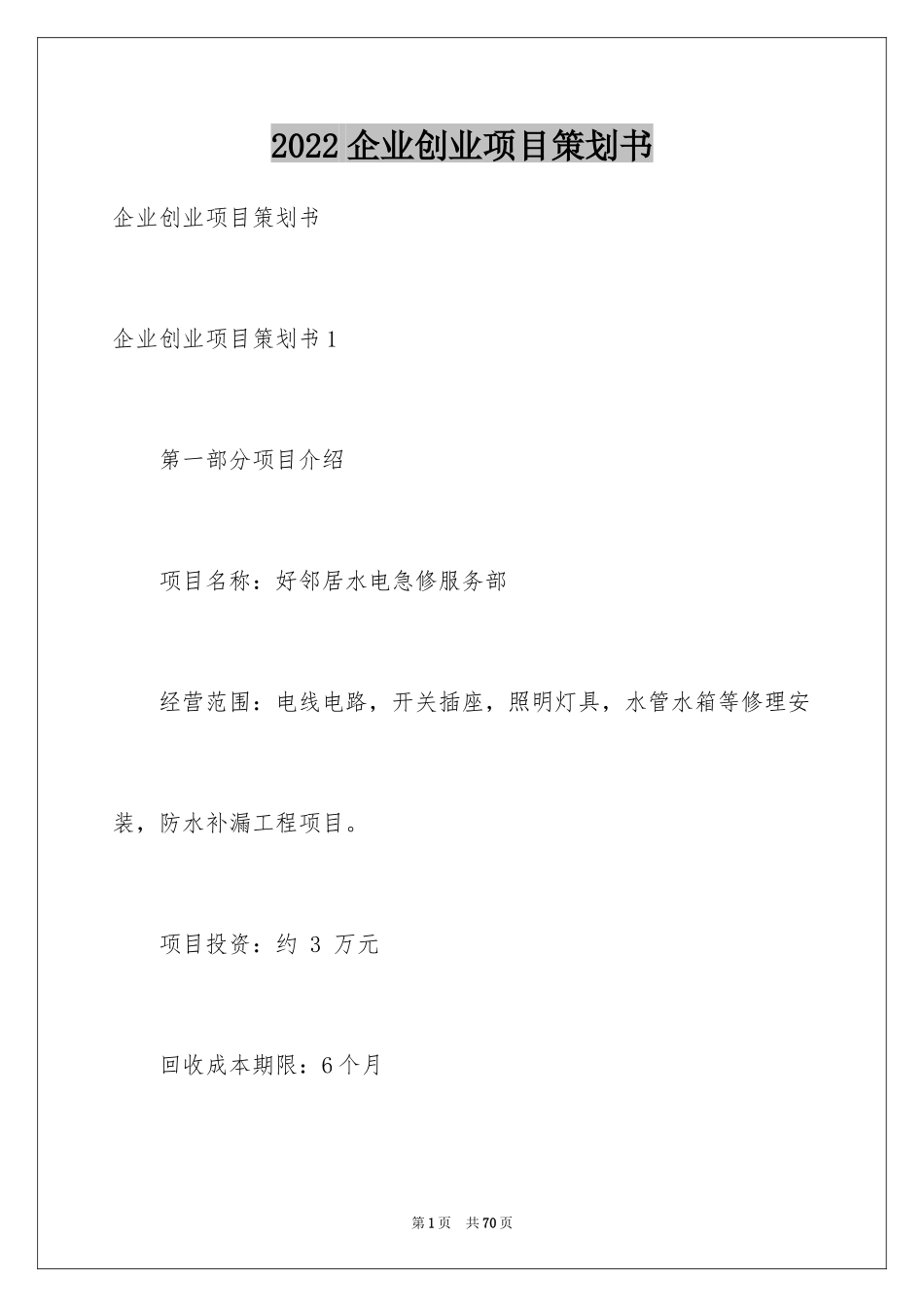 2024企业创业项目策划书_第1页